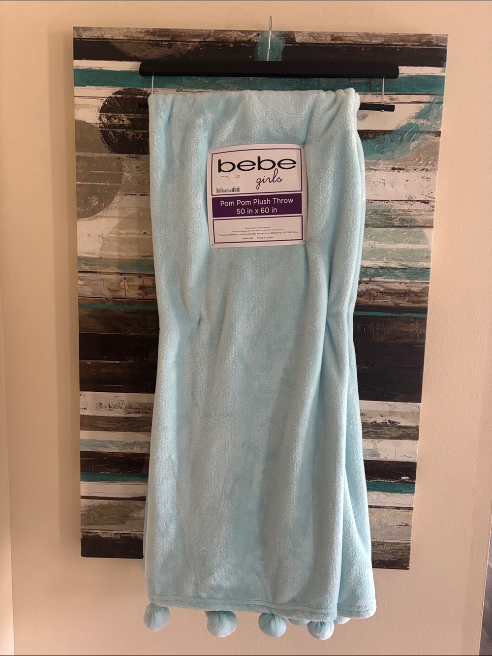 bebe Girls Pom Pom Plush Throw Blanket - Aqua 50x60